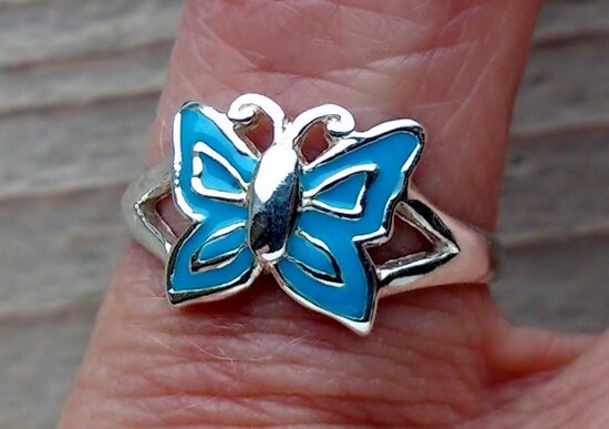 kinderring vlinder zilver blauw (maat 14-14½-15-15½)