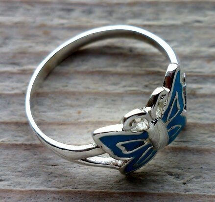 kinderring vlinder zilver blauw (maat 14-14½-15-15½)