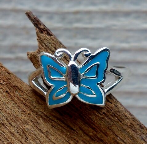 kinderring vlinder zilver blauw (maat 14-14½-15-15½)