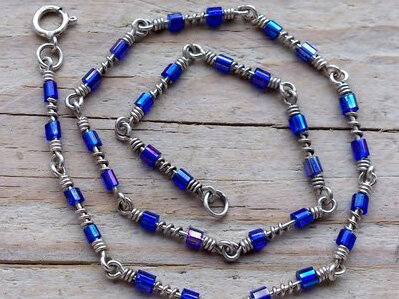 enkelketting echt zilver kraaltjes donkerblauw