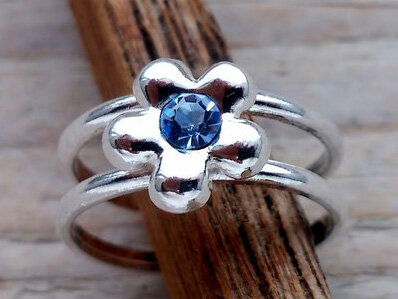 teenring zilver bloem blauw (maat 15mm)