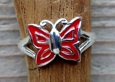 (kinder)ring vlinder zilver rood  (maat 13½-15-16)
