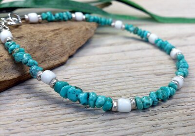 armband turquoise-wit zilver 19,5 cm